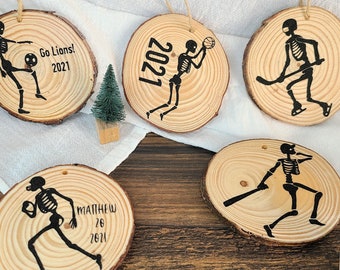Skeleton Wood Slice Custom Sport Ornaments, Goth Christmas Decor, Holiday, Personalized Holiday, Team Ideas, Winter Family Gifts,
