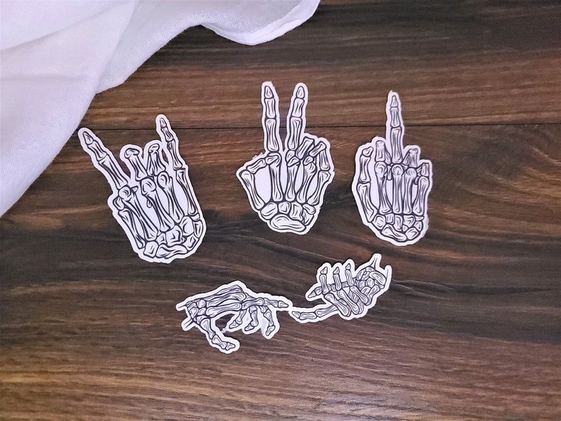 Skeleton Hand Sticker Pack, Goth Stickers, Waterproof Decals, Halloween. Aesthetic Pack, Minimalist, Simple, Punk. Peace, Rock, Touch image 1