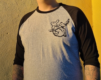 Flying Bunny Baseball 3/4" Sleeve, Grey & Black Shirt, Long Sleeve T-Shirt, Graffiti Art, Cool Animals, Sketch, Pocket Tee, Screenprint