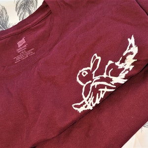 Flying Bunny Maroon Screen Printed Tee, Graffiti Art, Handmade T-Shirts, Unisex, Alt Style, Short Sleeve Shirts, Edgy Art, TikTok, Skater image 3