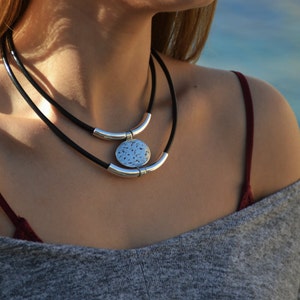 bohemian necklace, women boho necklace, bib necklace, double cord necklace, silver boho necklace, leather necklace, hammered necklace, oval