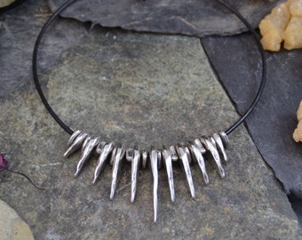 women viking necklace, silver beaded necklace, spikes necklace, leather viking choker, women viking jewelry, silver beaded necklace, tribal
