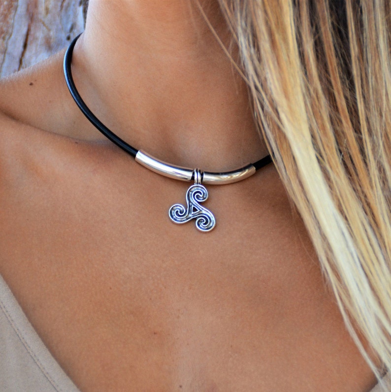 silver triskele pendant Triskelion Triskel choker Celtic Triskele necklace triple spiral leather celtic necklace celtic jewelry