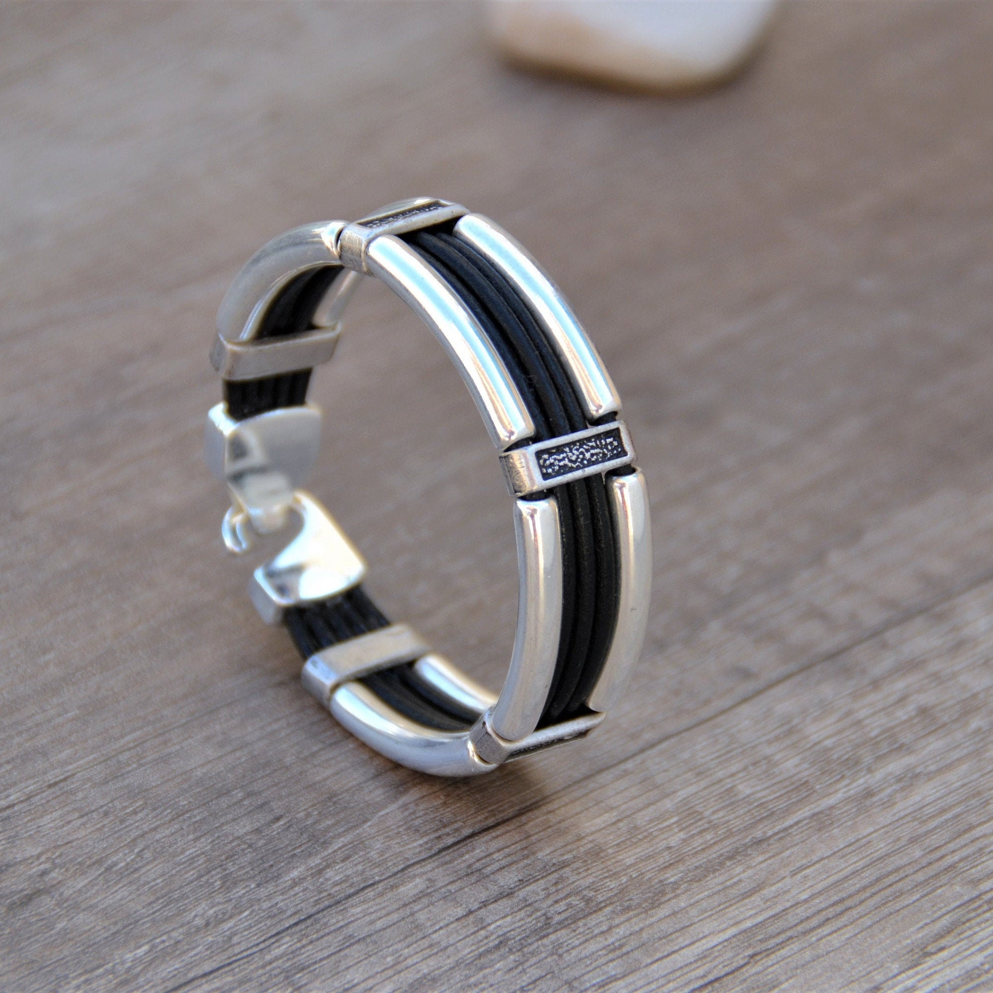 Men Leather Bracelet Cool Men Jewelry Silver and Leather Etsy