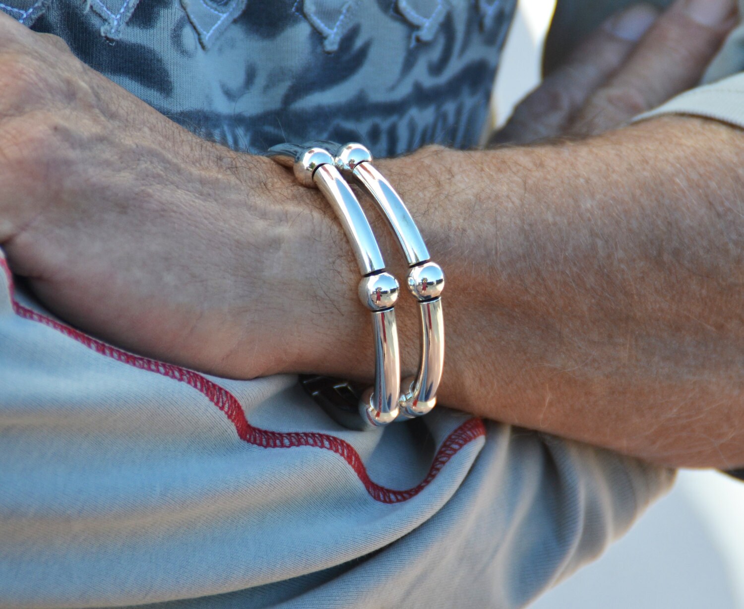 Chunky Silver Bracelet for Men Double Layered Bracelet Wide Etsy