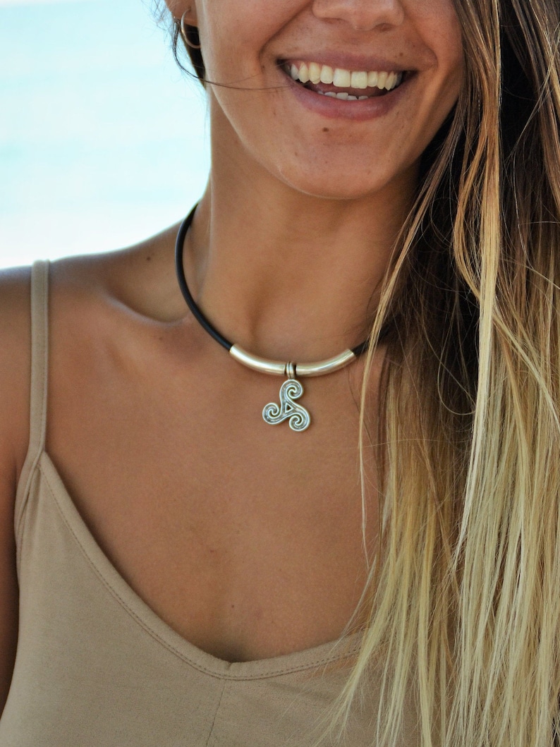 silver triskele pendant Triskelion Triskel choker Celtic Triskele necklace triple spiral leather celtic necklace celtic jewelry