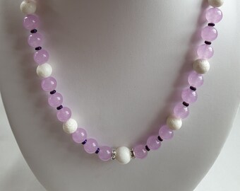 Gemstone necklace lavender jade 10 and foam coral white 12 mm magnetic clasp silver unique gift