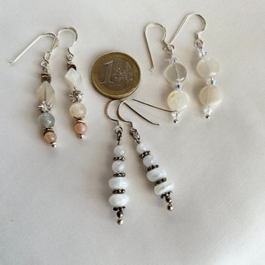 Earrings made of different colored moonstones, each on a silver hook, strong healing stone, unique, gift, handmade in Germany