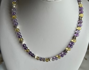 Edelsteinhalskette Amethyst, Citrin, Kette lila gelb, mit Silber, Magnetverschluss, Heilsteine, Geburtssteine, Geschenk, handmade in Germany