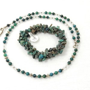 Gemstone jewelry, chrysocolla necklace with cluster bracelet, 47 cm, silver carabiner, unique piece, healing stone gift, handmade in Germany