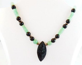 Gemstone jewelry, aventurine with lava pendant, spiritual stone, unique, gift for Mother's Day, HillaBeads handmade in Germany