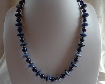 Gemstone necklace made of sodalite disc 12 x 4 mm, MKP dark blue 8 mm, 48 cm long healing stone unique gift HillaBeads