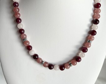 Gemstone jewelry set: garnet, sunstone and rose quartz beads 8 mm with magnet, length 44 cm, bracelet elastic 18.5 cm, unique, healing stones