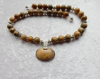 Gemstone jewelry, beige jasper necklace, pendant in silver setting, unique, gift, HillaBeads handmade in Germany