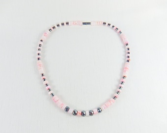Gemstone jewelry, necklace made of pink opal with hematite, unique, gift, Mother's Day, HillaBeads handmade in Germany