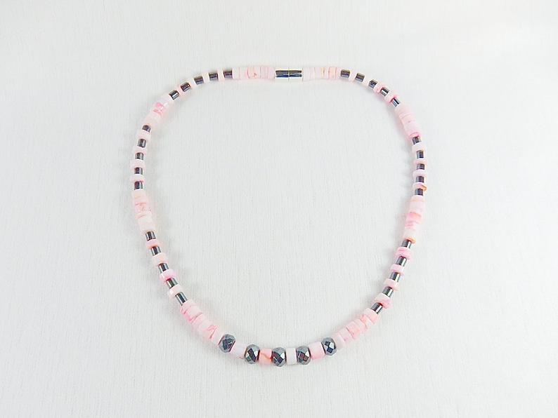 Gemstone jewelry, necklace made of pink opal with hematite, unique, gift, Mother's Day, HillaBeads handmade in Germany image 1