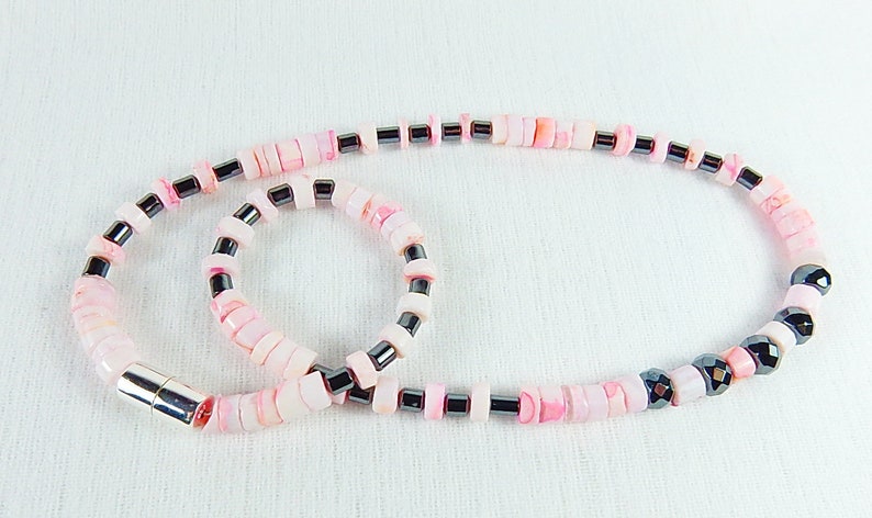 Gemstone jewelry, necklace made of pink opal with hematite, unique, gift, Mother's Day, HillaBeads handmade in Germany image 4