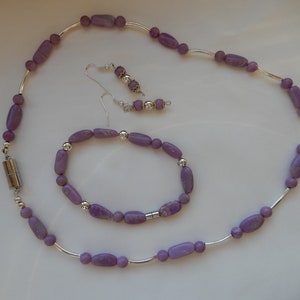 Gemstone jewelry set: Purple Phosphosiderite necklace, bracelet and earrings with 925 silver tubes Unique gift handmade in Germany