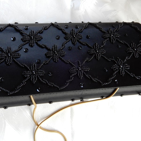 Abendtasche  kleine Clutch schwarzer Satin mit Perlenstickerei, 20 x 10 cm, Muttertag Geschenk