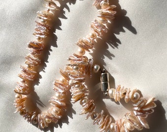 Super Perlenkette Keshi-Perlen lachsfarben, elegant, ausgefallen, 14x6mm, 925 Silber Magnet, 53 cm, Unikat, Geschenk, handmade in Germany