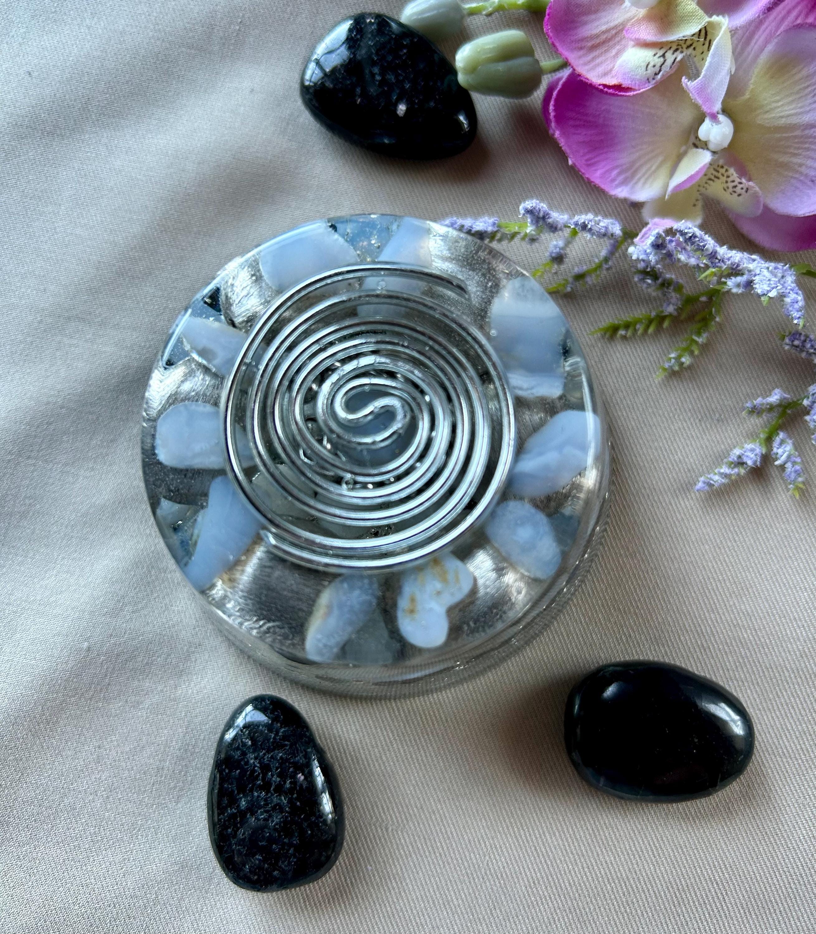 Orgonite Muffin O54 Light blue chalcedony with silver spiral room harmonization meditation unique, handmade in Germany