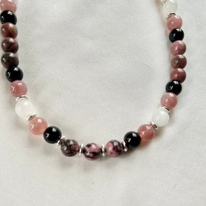 Collar de piedras preciosas rodonita con obsidiana, piedra solar, piedra lunar 8 mm, 925 piezas de plata, imán, longitud 45 cm, piedras curativas únicas, regalo