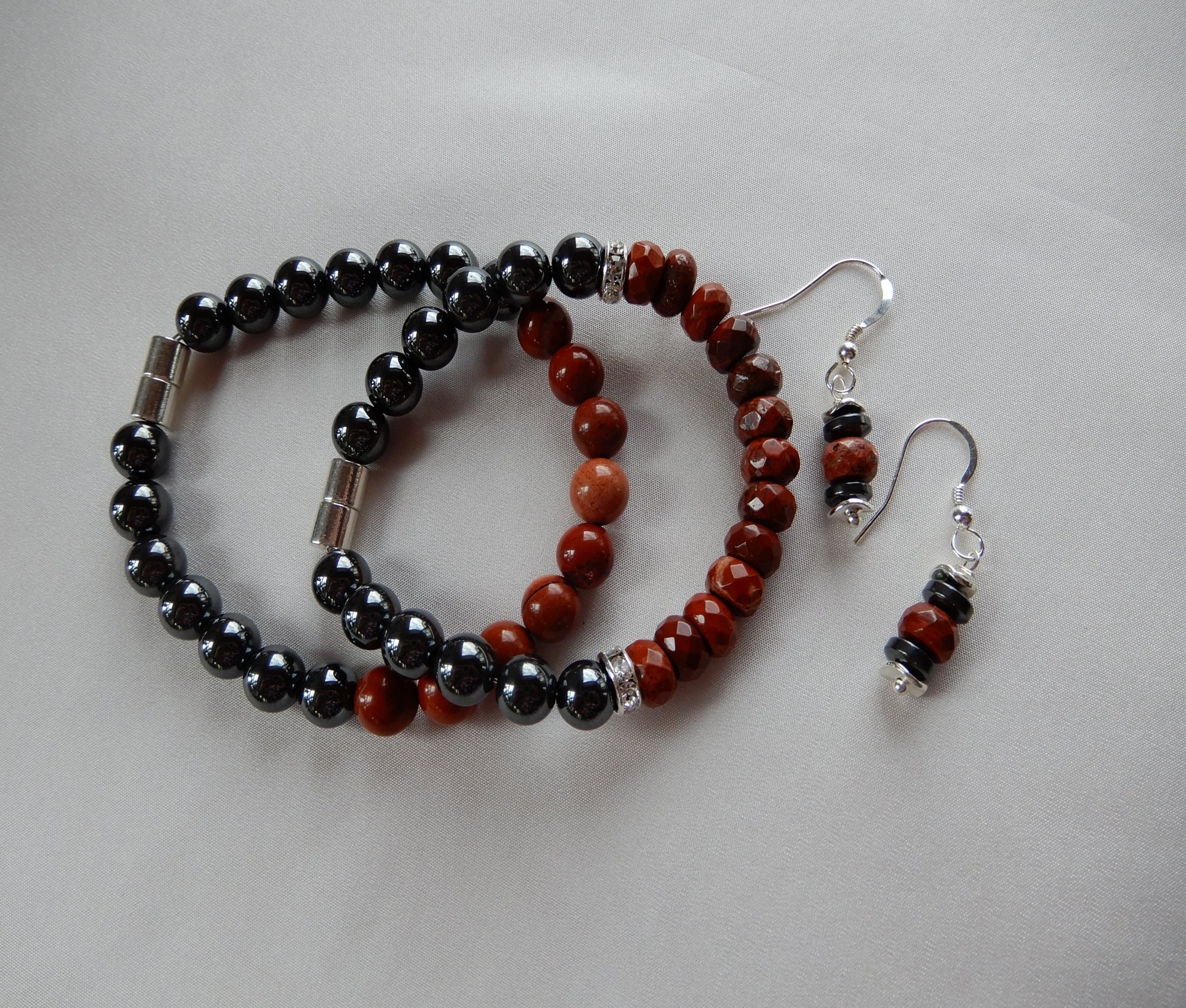 SET partner bracelets with earrings red jasper with hematite black healing stone unique gift for Mother's Day, handmade in Germany