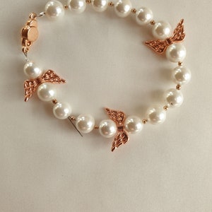 Pearl bracelet made of white shell pearls with rose gold plated angel wings, unique, gift,