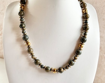 Rhyolite necklace with 2 bracelets beads 10.6 mm, gold-colored hematite beads, magnet, healing stone, mother-daughter gift, unique, handmade