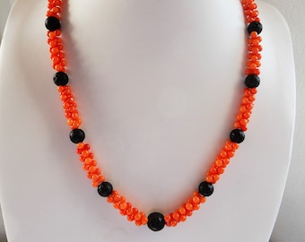 Gemstone necklace orange-black: coral with black lava unique gift handmade in Germany