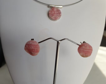 Gemstone jewelry set: stud earrings and pendant pink rhodochrosite (raw) 925 silver, healing stone, unique, Mother's Day birthstone bull, handmade