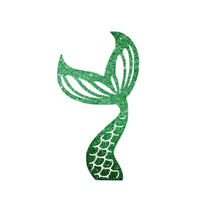 May include: A green glitter mermaid tail cutout featuring a detailed scale pattern on the lower section and open, arched fin segments at the top. The surface has a sparkling texture throughout, creating a vibrant and reflective appearance.