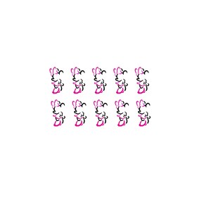 May include: A pattern of Minnie Mouse silhouettes in black and pink. Each silhouette features a bow and a smiling face. The design is repeated across a white background, creating a playful and recognizable motif.