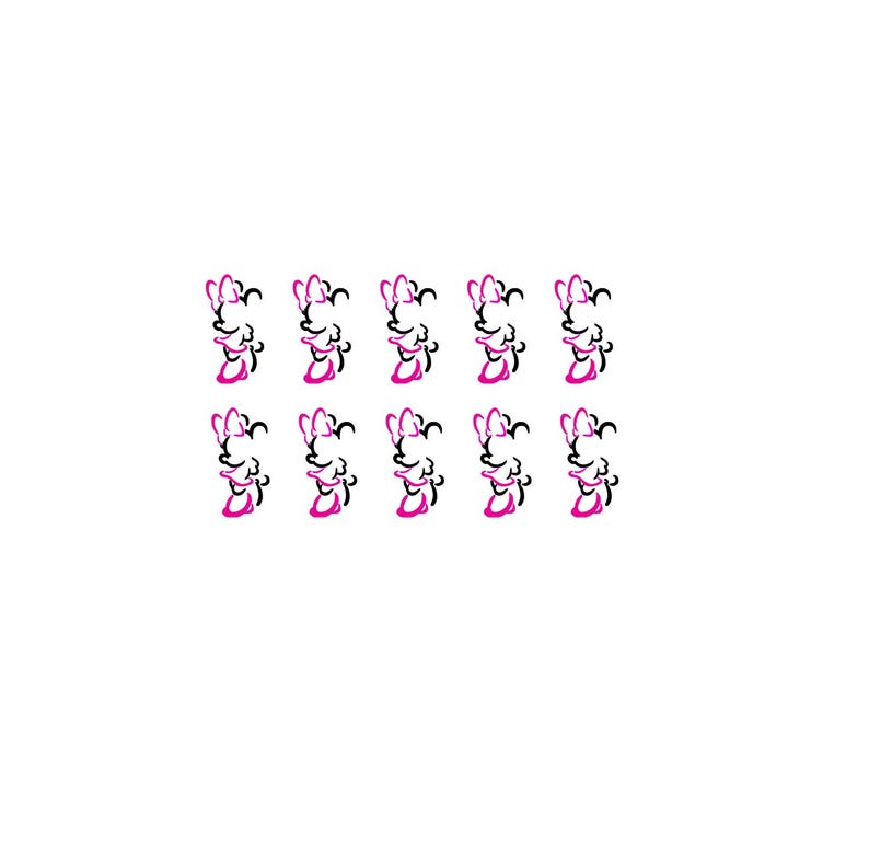 May include: A pattern of Minnie Mouse silhouettes in black and pink. Each silhouette features a bow and a smiling face. The design is repeated across a white background, creating a playful and recognizable motif.