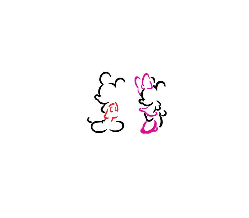 May include: A minimalist line drawing of two cartoon characters, one with a red face and black outline, the other with a pink bow and dress. The image is set against a white background.