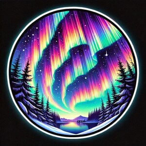 Puede incluir: Una ilustración circular de una colorida exhibición de aurora boreal en el cielo nocturno sobre un paisaje nevado con una pequeña cabaña y un lago. La aurora es una mezcla vibrante de rosa, morado, verde y amarillo.