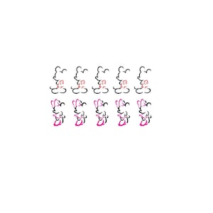 May include: A pattern of stylized Minnie Mouse illustrations. Each figure is a black outline with a pink bow and accents. The design is repeated across a white background, creating a playful and whimsical aesthetic.