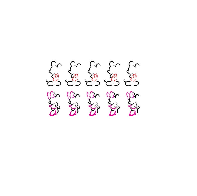 May include: A pattern of stylized Minnie Mouse illustrations. Each figure is a black outline with a pink bow and accents. The design is repeated across a white background, creating a playful and whimsical aesthetic.