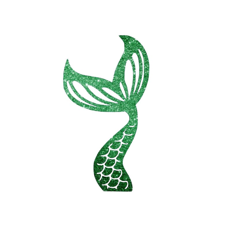 May include: A green glittery mermaid tail cutout featuring a detailed scale pattern on the lower section and open, fin-like structures at the top. The surface has a sparkling texture throughout, creating a vibrant and reflective appearance.