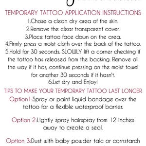 May include: White background with instructions for applying temporary tattoos. The text includes steps for application, tips to make the tattoo last longer, and a disclaimer. The logo "cgd CREATIVE GIFTS and DECOR" is at the top.