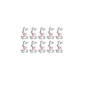 May include: A pattern of ten Mickey Mouse illustrations. Each illustration is a minimalist line drawing in black, with a red bow tie. The illustrations are evenly spaced on a white background.