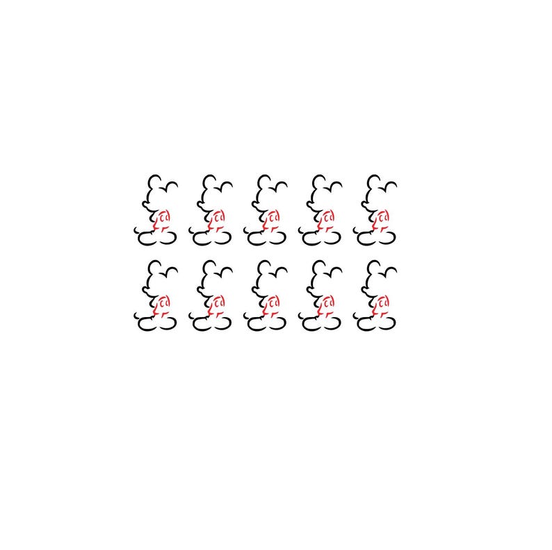 May include: A pattern of ten Mickey Mouse illustrations. Each illustration is a minimalist line drawing in black, with a red bow tie. The illustrations are evenly spaced on a white background.