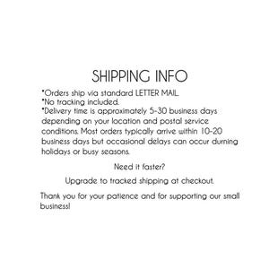 May include: White background with black text detailing shipping information. The text includes details about standard letter mail, no tracking, delivery times, and options for faster shipping. The text also thanks customers for their patience.