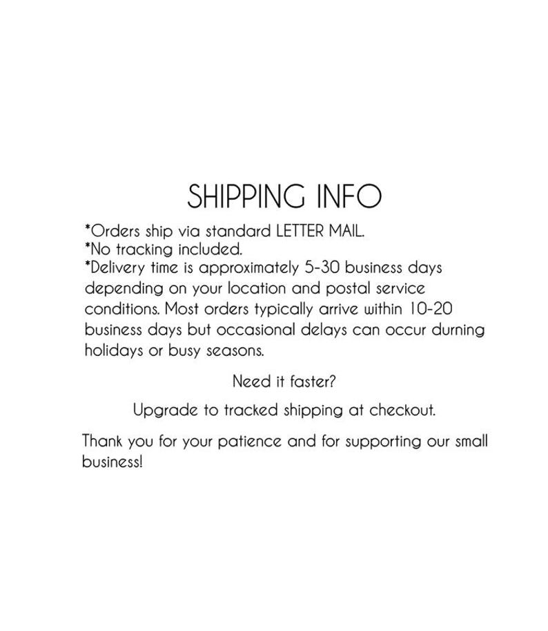 May include: White background with black text detailing shipping information. The text includes details about standard letter mail, no tracking, delivery times, and options for faster shipping. The text also thanks customers for their patience.
