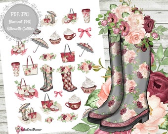 Roses in Rain Printable Stickers/Erin Condren/Happy Planner/Filofax/Travelers Notebook/Hobonichi Planner/Watercolor Floral Stickers
