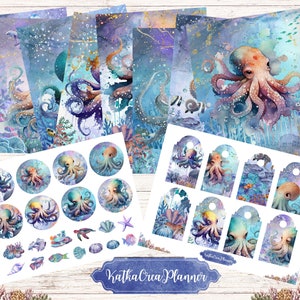 Sea World Journal Kit, coisas efêmeras, papel de lixo eletrônico, Octopus Junk Journaling Digitals, imprimíveis da vida subaquática, folhas de colagem do oceano