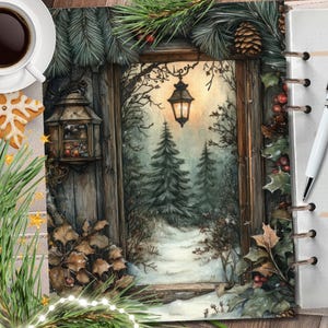 FENÊTRE DE NOL 1. Couverture imprimable de l'agenda/séparateur d'agenda pour les vacances d'hiver/carte de voeux de paysage de Noël/planificateur aquarelle tableau de bord