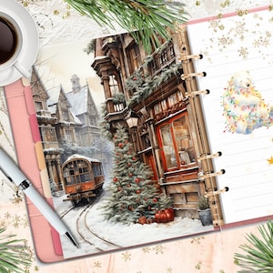 Okładka do planera do druku CHRISTMAS TRAM/Przegroda do planera na święta zimowe/Kartka z życzeniami świątecznymi w kształcie domu/Akwarelowy panel planera zimowego