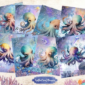 Cartões de diário do Sea World, coisas efêmeras, kit de lixo eletrônico, Octopus Junk Journaling Digitals, imprimíveis da vida subaquática, folhas de colagem do oceano