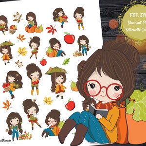 Puede incluir: Un conjunto de pegatinas digitales con chicas de dibujos animados lindas en atuendos con temática otoñal. Las chicas llevan vestidos, suéteres y sombreros. Están sosteniendo calabazas, manzanas y hojas. Las pegatinas son perfectas para agregar un toque de otoño a tu agenda digital o diario.